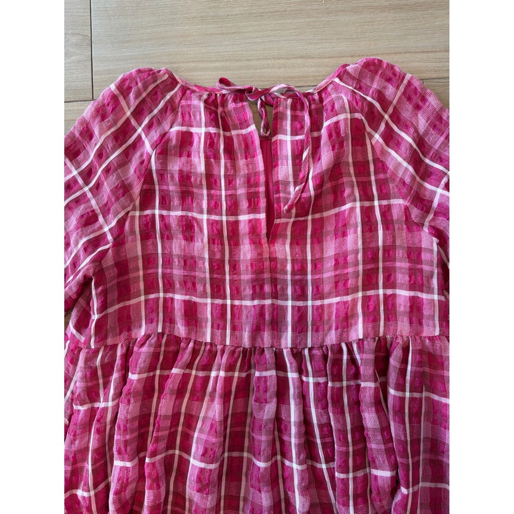 Madewell Pink Plaid Dobby‎ Babydoll Mini Dress Balloon Sleeve Tie Back Size S - Picture 5 of 6